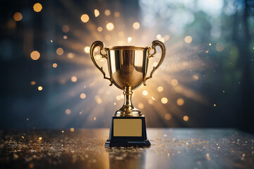 Golden trophy with ornate handles on a dark surface with bokeh lights award
