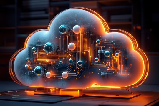 Glowing transparent cloud-shaped object with intricate orange circuit patterns and floating spheres symbolizing digital technology and cloud computing