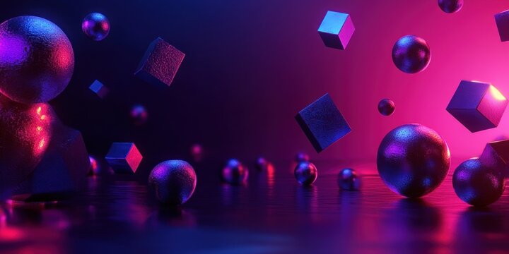 Abstract composition of metallic spheres and cubes floating and resting on a reflective surface with vibrant purple and pink neon lighting creating a futuristic and surreal atmosphere