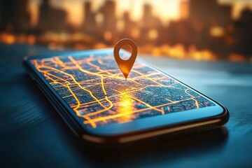 Modern smartphone displaying a glowing digital map with an orange location pin marking a spot, set against a blurred urban skyline at sunset, conveying navigation and connectivity.