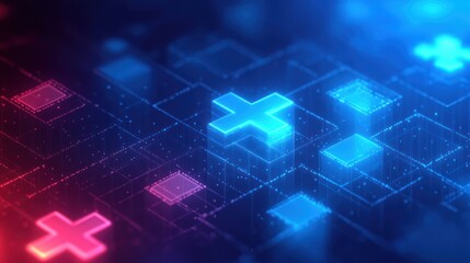 Glowing blue and red 3D crosses floating over a grid of illuminated dots and squares creating a futuristic digital network scene