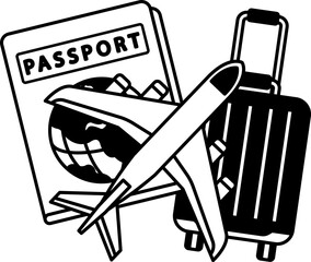 black and white illustration of a passport, airplane, and suitcase