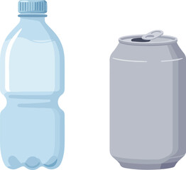 Plastic water bottle and gray aluminum soda can isolated on white background. Ecofriendly concept, recycling campaigns, drink containers comparison.