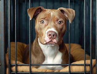 Brown and white dog sitting inside a metal cage on a beige cushion looking directly at the camera with a calm and attentive expression