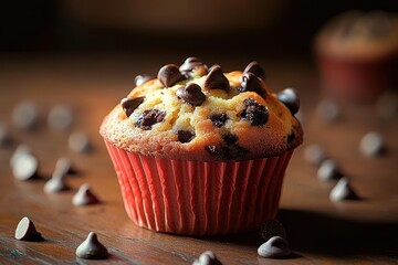 Close-up of a freshly baked chocolate chip muffin in a red paper cup surrounded by scattered chocolate chips on a wooden surface