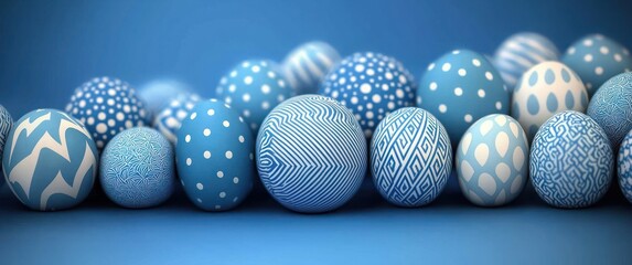 Row of blue and white patterned eggs with various geometric and abstract designs on a smooth blue background, creating a calm and visually pleasing arrangement