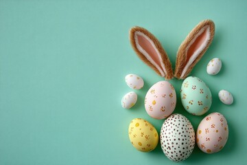 Colorful decorated Easter eggs arranged with bunny ears on a turquoise background evoking a festive and cheerful spring vibe