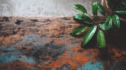 A weathered, blue-and-orange wooden surface contrasts with vibrant green leaves extending from above, against a soft, grey background