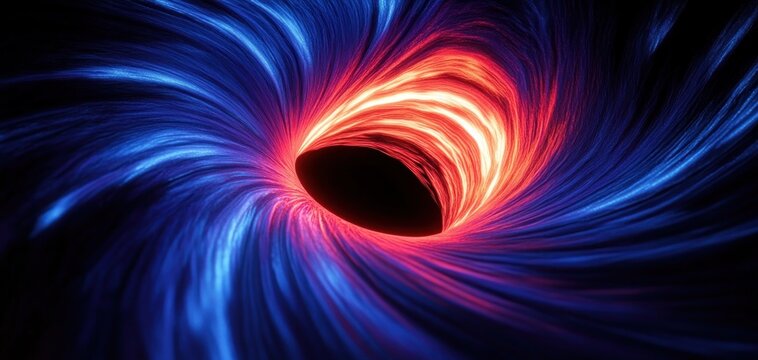 Abstract swirling vortex with glowing center featuring dynamic strands of blue and orange light creating a sense of motion and energy - Powered by Adobe