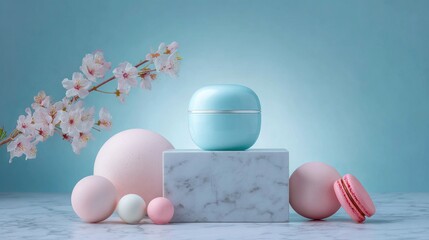 A still life scene a pastel blue jar on a marble block, surrounded by pink spheres, macarons, and cherry blossoms against a light blue backdrop