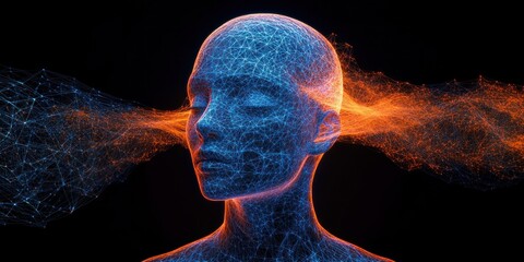 Abstract digital representation of a human head with interconnected blue and orange neural-like network patterns extending from the ears symbolizing information flow or communication