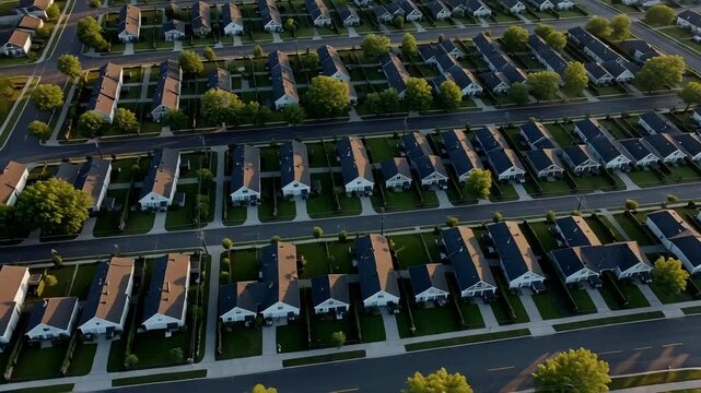 Drone flies over meticulously manicured suburban neighborhood at golden hour showcasing rows of identical homes and lush green trees creating a peaceful serene atmosphere