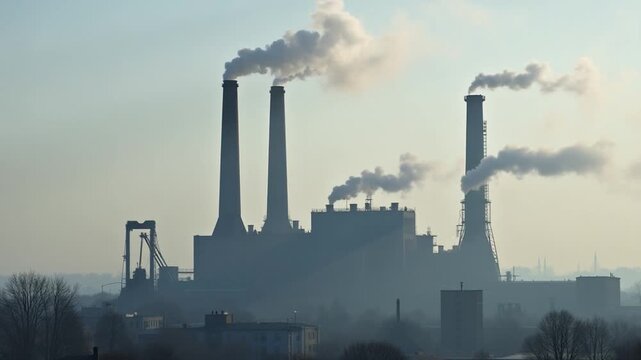Old smokestack of factory. Pollution and smoke from chimneys of factory