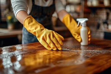 Person wearing yellow rubber gloves cleaning a wooden table with spray cleaner and wiping it down in a cozy indoor setting