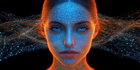 Close-up of a human face with digital mesh network overlay, glowing blue and orange lights highlighting technological and futuristic connection elements, intense gaze, dark background
