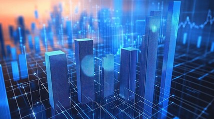 Glowing blue digital bar chart over grid with cityscape and data points in background, symbolizing technology and growth