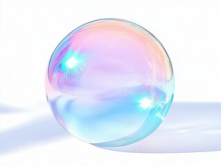 Obraz premium Close-up of a translucent soap bubble with iridescent pastel colors reflecting light against a white background, casting a soft shadow