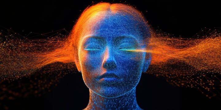 Digital representation of a human face with closed eyes composed of blue polygonal mesh and glowing orange network lines extending from the temples symbolizing neural connections or data flow - Powered by Adobe