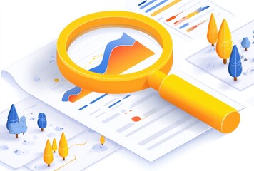 A large, yellow magnifying glass examines a detailed document with charts, lines, and graphs, surrounded by stylized trees, all in soft, pastel colors