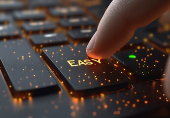 Close-up of a finger about to press a black keyboard key labeled EASY with glowing orange dots around it, conveying simplicity and ease of use