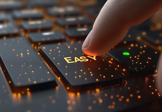 Close-up of a finger about to press a black keyboard key labeled EASY with glowing orange dots around it, conveying simplicity and ease of use