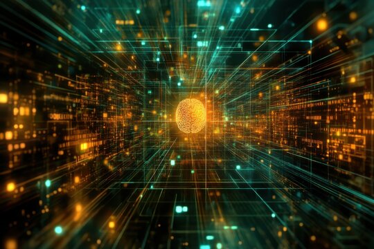 Abstract representation of artificial intelligence with neural patterns, digital brain glow, futuristic data grid
