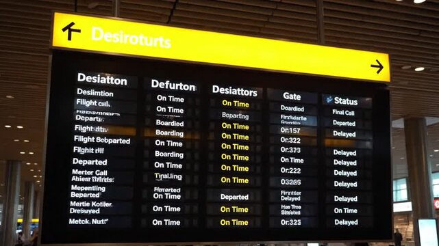 Airport departure board displaying flight information with destination and status