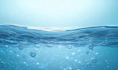 Close-up view of clear blue water surface with rising air bubbles under bright light background, evoking freshness and tranquility