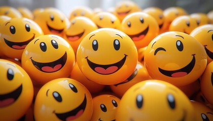Close-up of numerous shiny yellow smiley face balls with various happy expressions including winks and big smiles conveying joy and playfulness