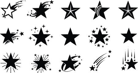 Black star icon vector set, decorative sparkle symbols, motion trail stars, minimal UI elements, hand-drawn celestial shapes, graphic design collection