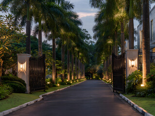 Obraz premium Palm tree lined driveway with gate and lights