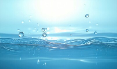 Close-up of clear blue water surface with droplets rising and bright light reflecting on the gentle waves, conveying freshness and purity