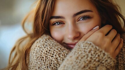 Close-up portrait of a young woman with light brown hair, bright eyes, and natural makeup, smiling softly while wearing a cozy beige knitted sweater