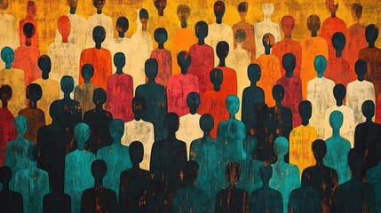 Abstract colorful painting depicting a large crowd of faceless human silhouettes in red, orange, teal, black, and cream tones, evoking unity and diversity
