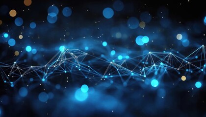 Glowing interconnected blue network nodes forming a digital mesh with bokeh light effects on dark background, representing data connections and technology