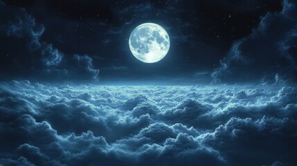 Fototapeta premium Bright full moon shining above a vast sea of clouds under a starry night sky, evoking a serene and mystical atmosphere