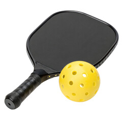 Black pickleball paddle leaning against a bright edge, recreational sports equipment isolated on white background. PNG