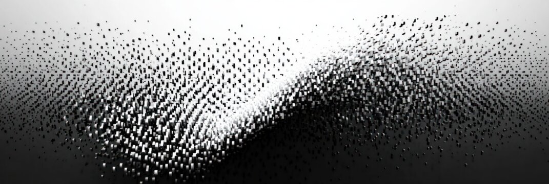 Abstract black and white 3D pixelated wave pattern with dense clusters of small cubes dispersing and floating in a dynamic flowing formation