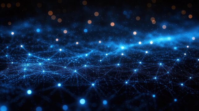 Abstract glowing blue network with interconnected nodes and lines on a dark background creating a futuristic digital web effect