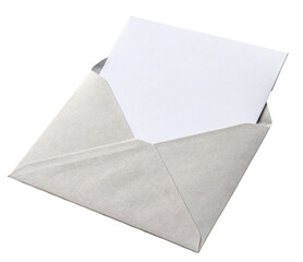 Several paper envelopes in light gray with one slightly open, stationery set isolated on white background. PNG
