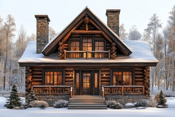 Cozy log cabin with warm glowing windows surrounded by snow-covered trees and landscape during winter