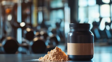 nutrition products like protein powder and shakes on a blurred gym background