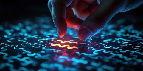 Close-up of hand placing the final glowing puzzle piece with a bitcoin symbol into a dark illuminated puzzle conveying solving a digital currency challenge