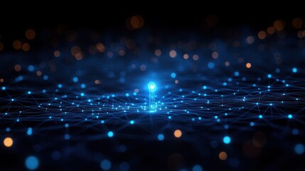 glowing blue digital network with connected points and a central highlighted node on dark background