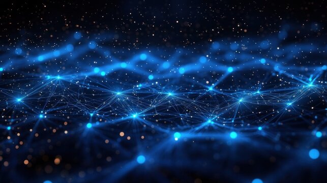 Blue glowing network of interconnected nodes and lines forming a complex abstract digital mesh against a dark background with scattered light particles