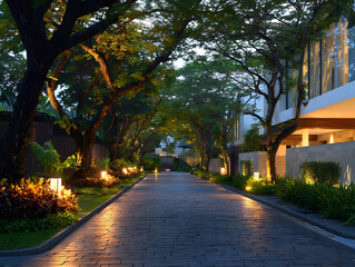 Obraz premium Stone Paved Road with Trees and Lights