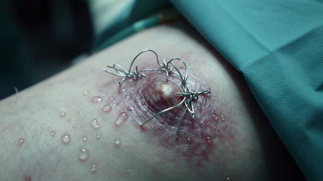 Sutured abscess bulges glistening on a medical table