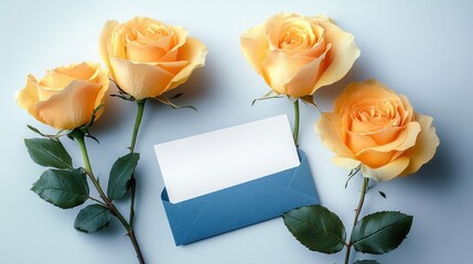Four peach-colored roses surrounding a blue envelope with a blank white card on a light surface, evoking feelings of warmth and thoughtful communication
