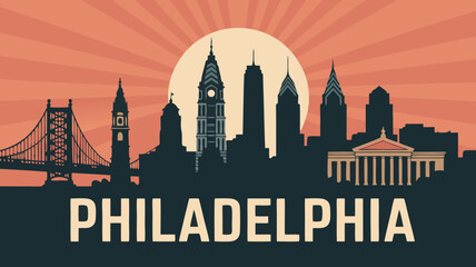 Obraz premium Vintage style vector illustration of the famous Philadelphia, Pennsylvania city skyline at sunset, a graphic art design for travel and tourism posters