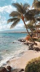 Coastal view of a sandy beach with gentle waves lapping the shore, palm trees swaying against a blue sky with wispy clouds, and a hint of distant mountains
